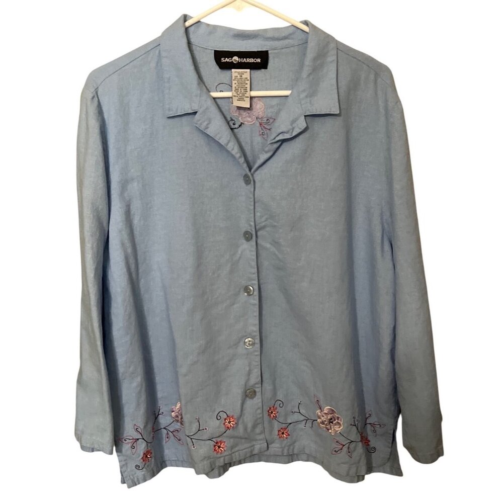 Embroidered Linen Blend Shirt Sz 18 Button-Down Light Blue Floral Beach Lagenlo‎
